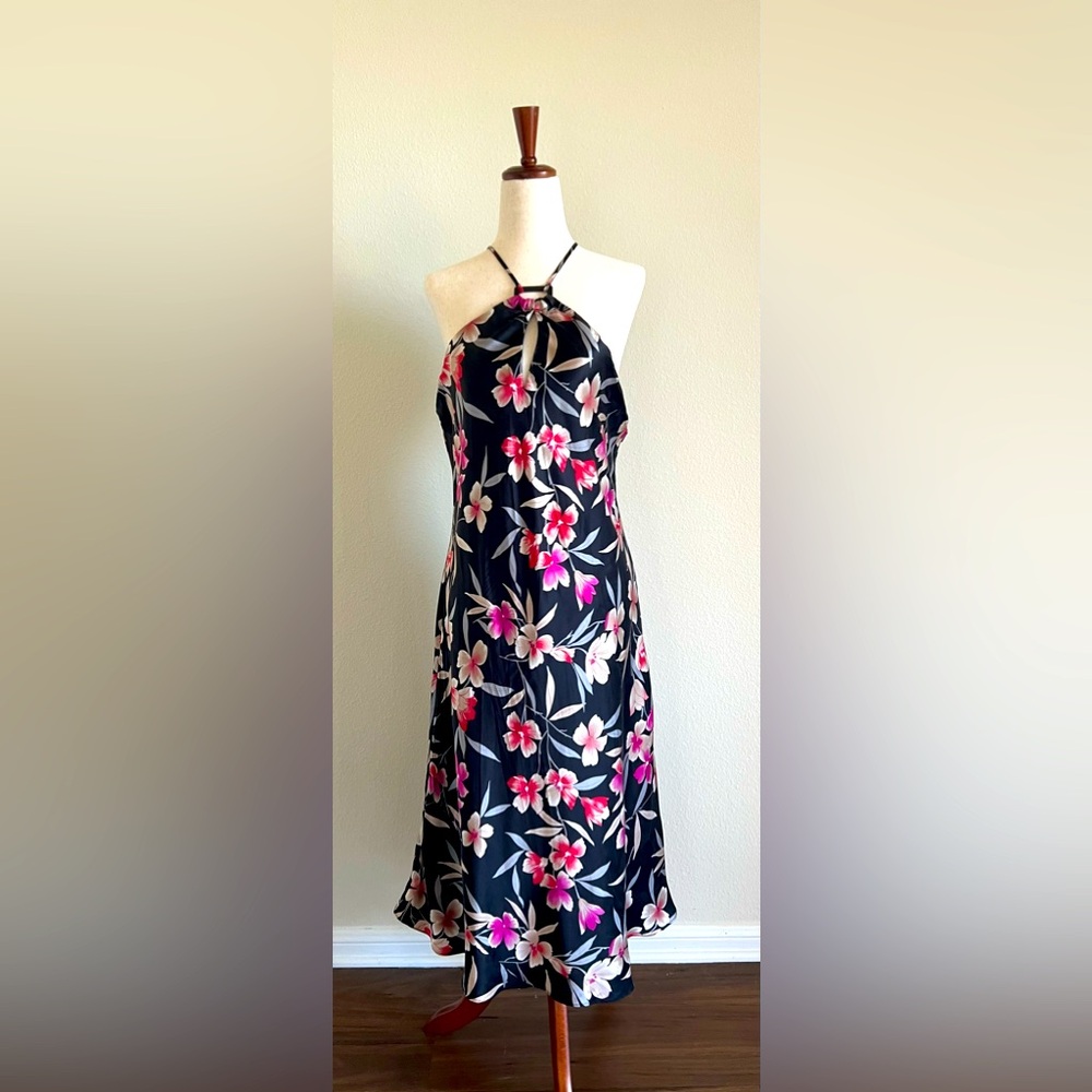 Gorgeous Planet Floral Silk Halterneck Dress Black and Pink 100% Silk - Picture 3 of 9